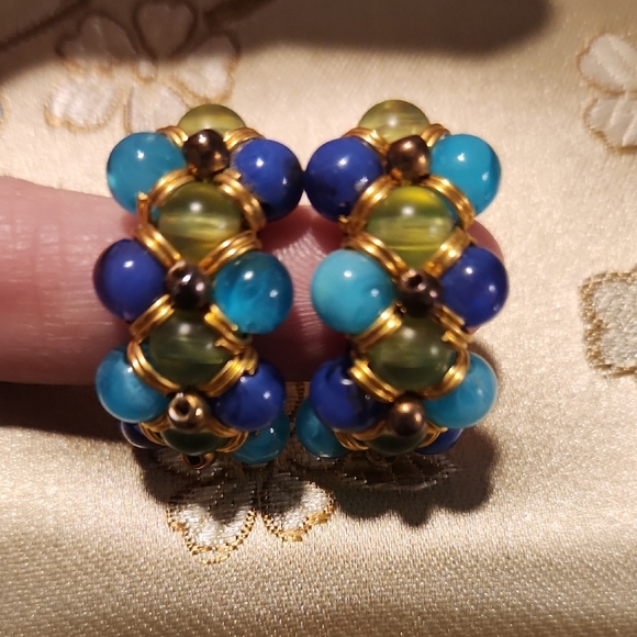 Vintage Gold and Blue Beaded Earring Clip Ons - Picture 2 of 7